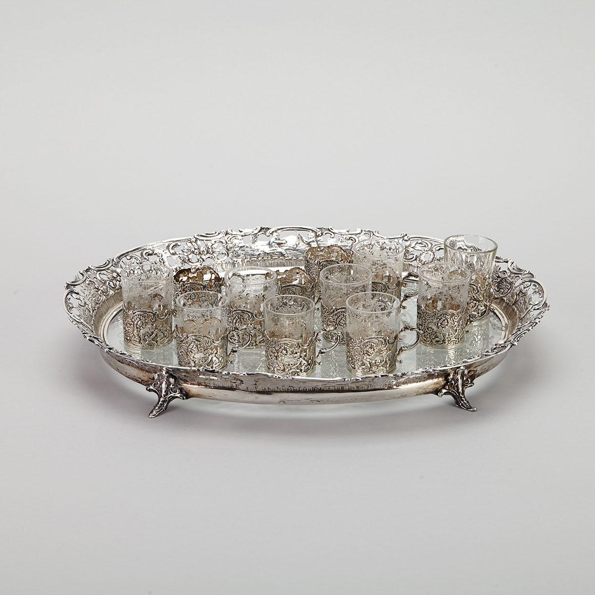 German Silver and Etched Glass Oval Tray with Twelve Cups, J.D. Schleissner & Söhne, Hanau, c.1900
