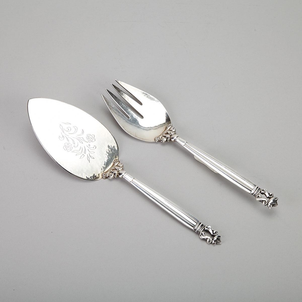 Danish Silver ‘Acorn’ Pattern Pie Server and Fork, Johan Rohde for Georg Jensen, Copenhagen, mid-20th century