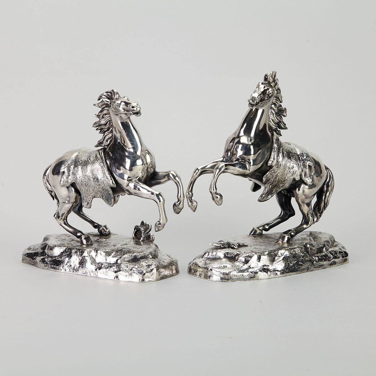 Pair of Continental Silver Horses of Marley, late 19th/early 20th century