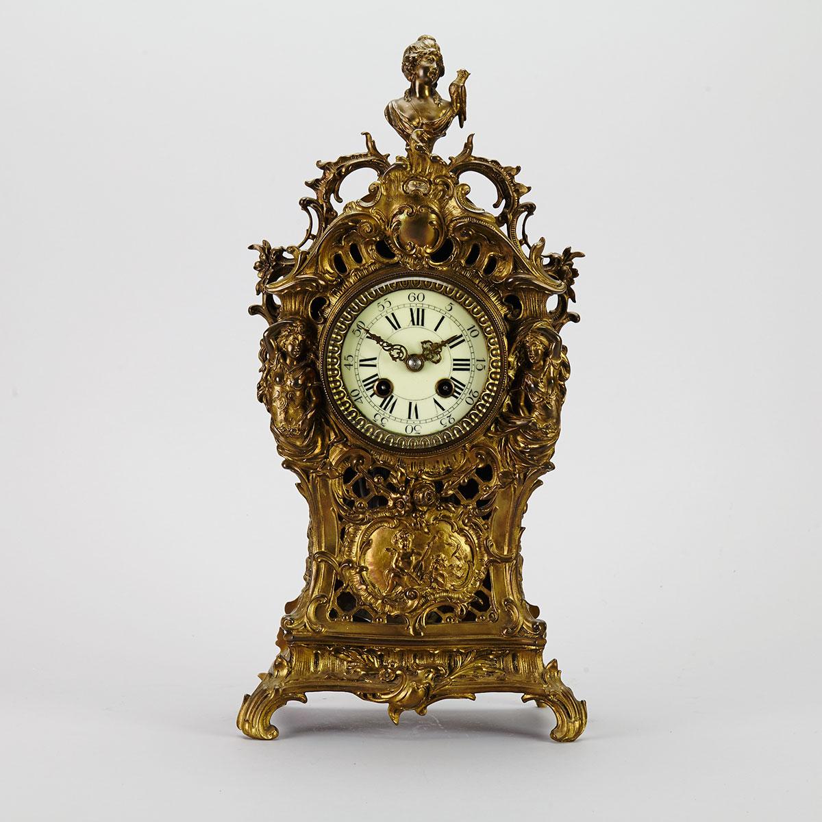 Rococo Style Gilt Brass Mantle Clock by Gustave Becker, Germany,  late 19th century