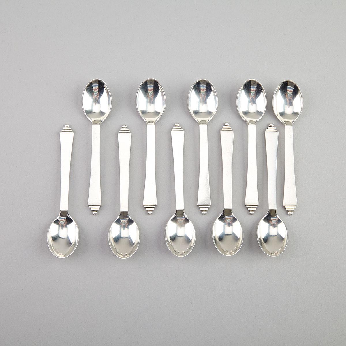 Ten Danish Silver ‘Pyramid’ Pattern Coffee Spoons, Harald Nielsen for Georg Jensen, Copenhagen, 20th century