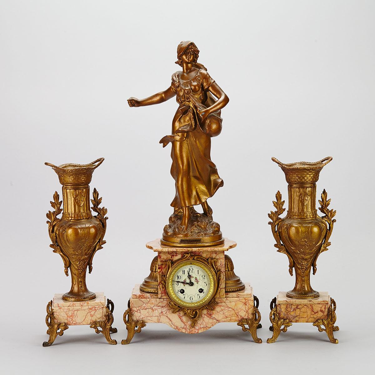 French Marble and Gilt Metal Three Piece Clock Garniture, c.1900