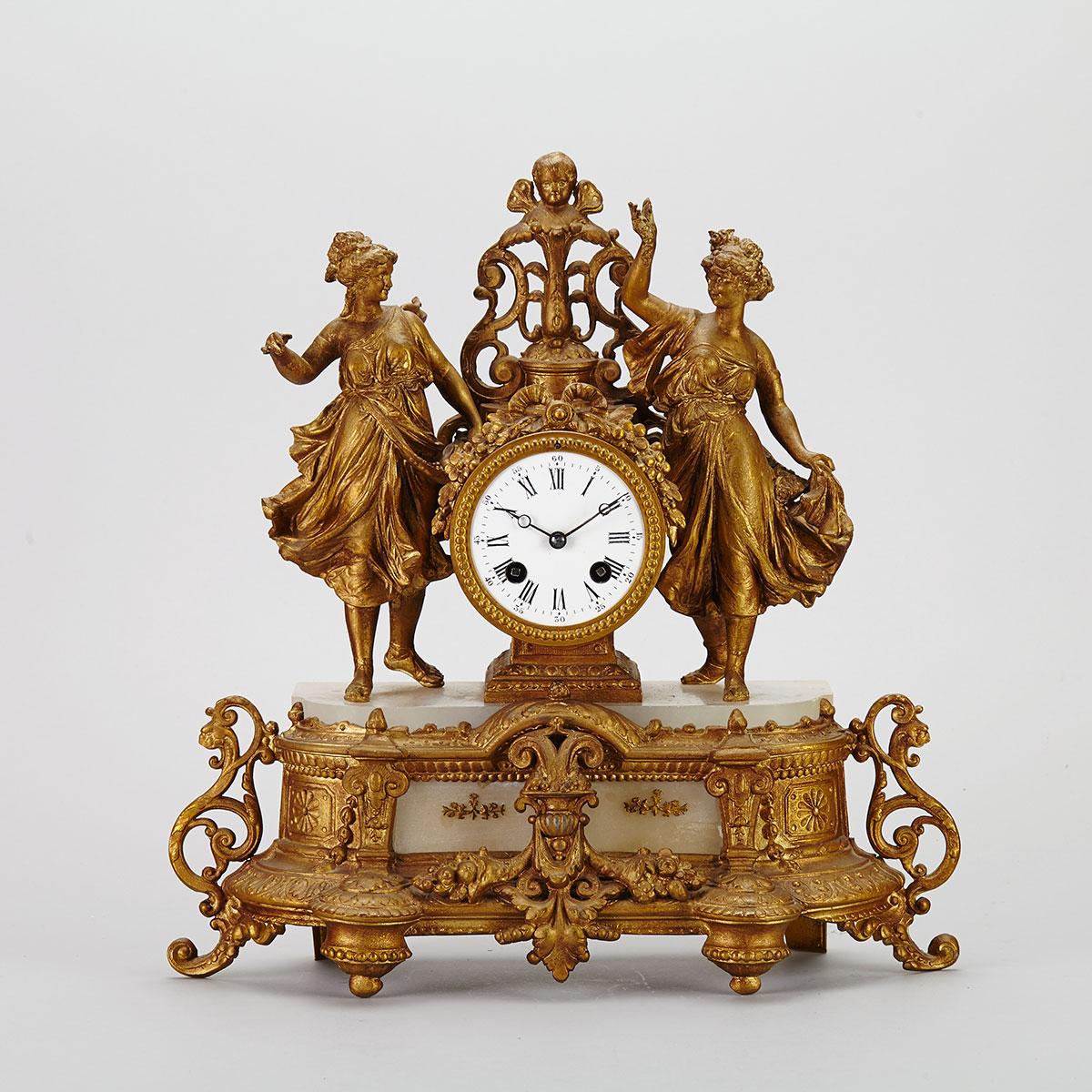 French Louis XVI Style Alabaster Mounted Gilt Metal Figural Mantle Clock, 19th century