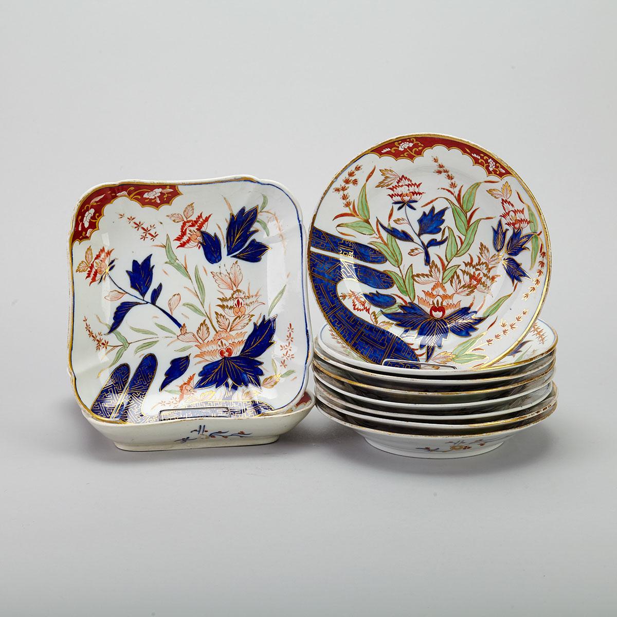 Eight English Porcelain Finger and Thumb Japan Pattern Plates and Two Square Dishes, early 19th century