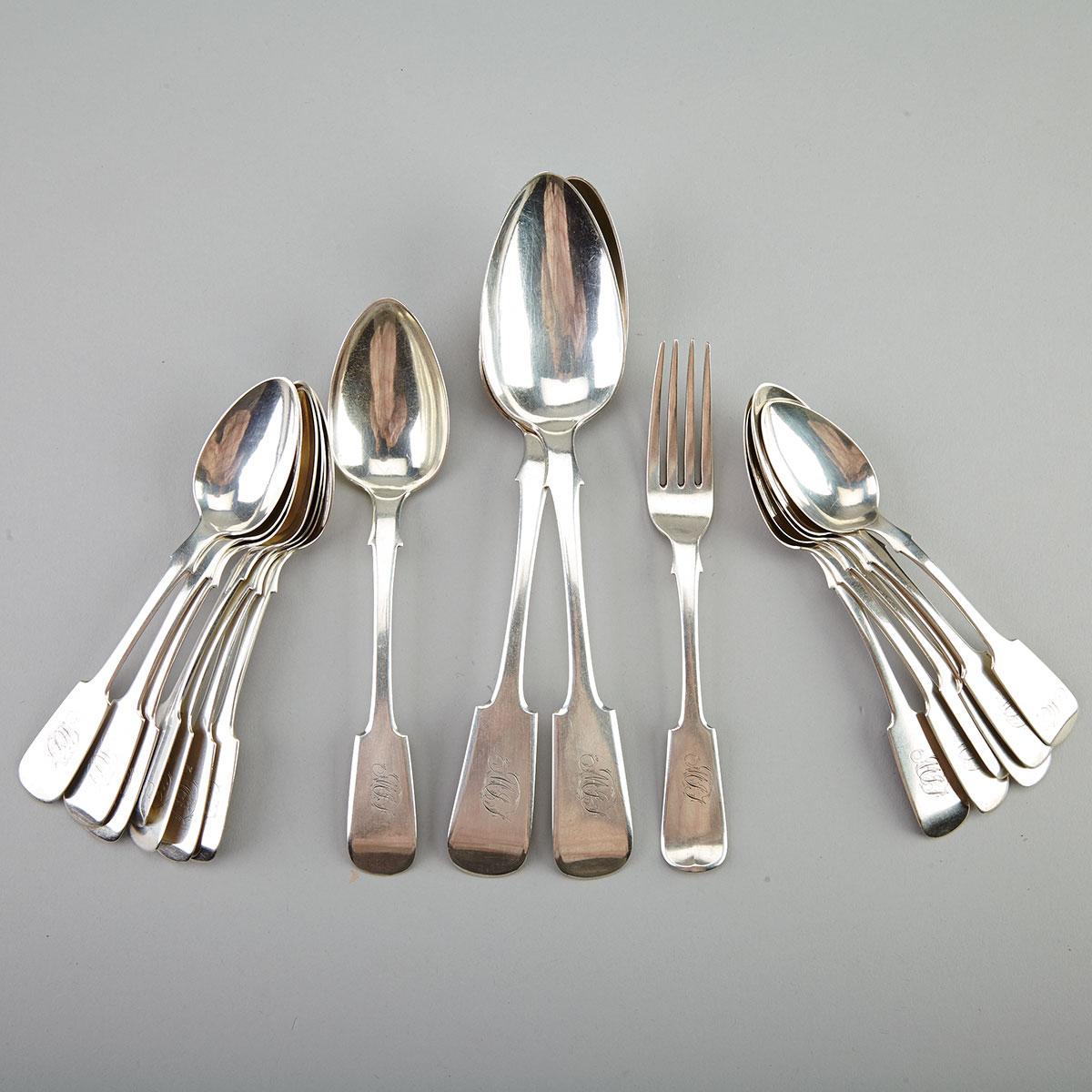 Thirteen Canadian Silver Fiddle Pattern Tea Spoons, Dessert Spoon and Fork and Pair of Table Spoons, Joseph Robinson & Co., Toronto, Ont., c.1865-70