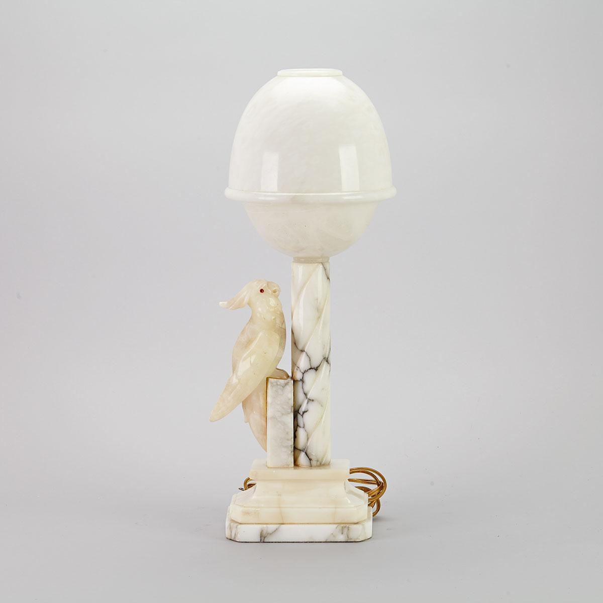 Italian Carved Marble and Onyx Cockateel Form Table Lamp, mid 20th century