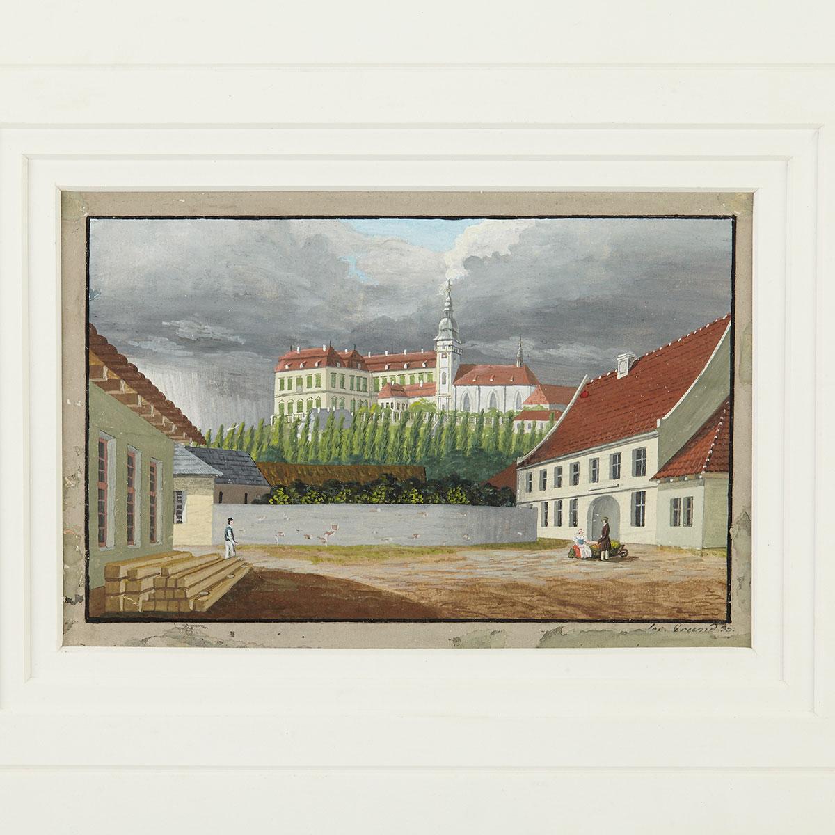 Miniature Watercolour of a Town Square by Franz Friedrich Alexander Grund (Polish, 1814-1898), 1835