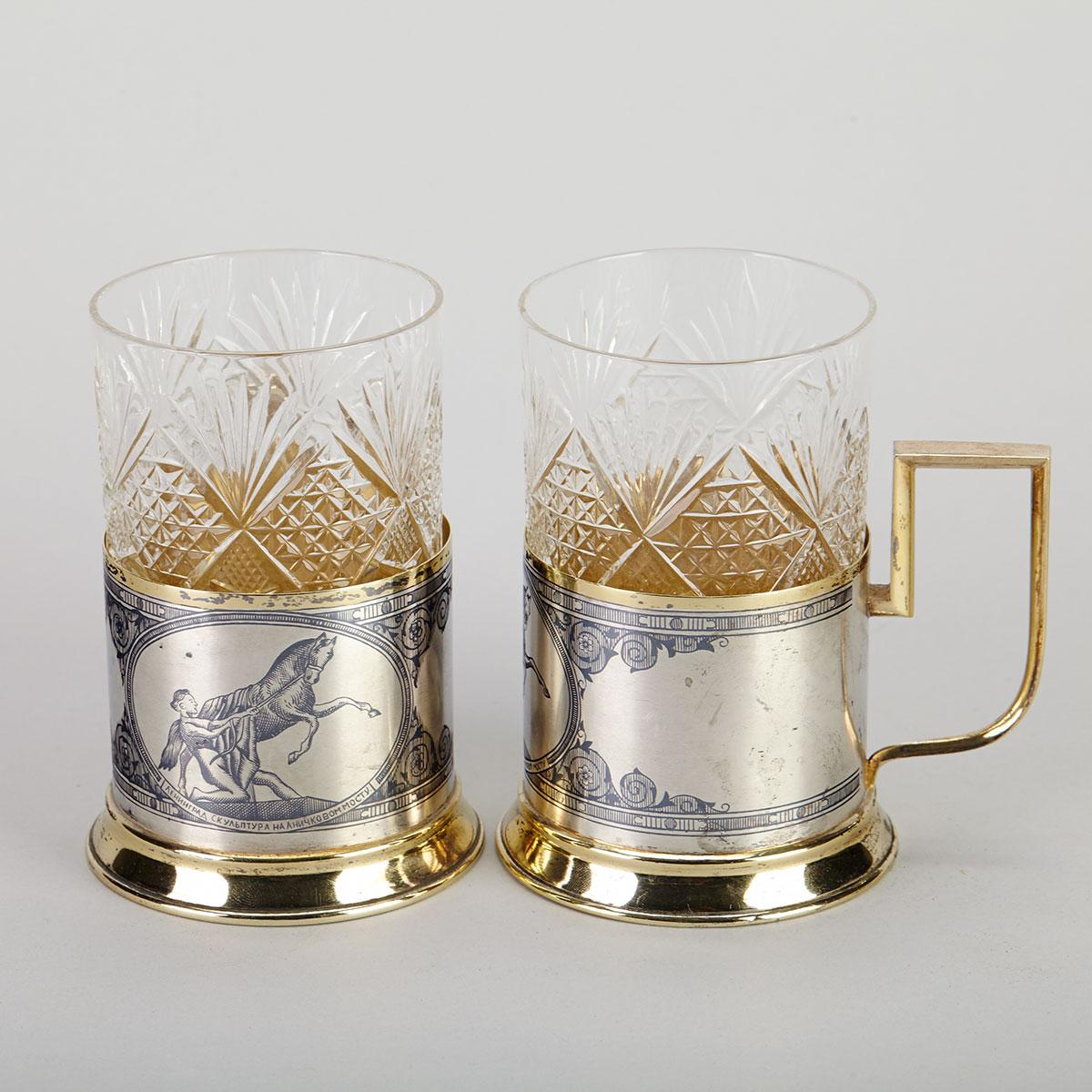 Pair of Russian Nielloed Silver Parcel-Gilt Tea Glass Holders, mid-20th century