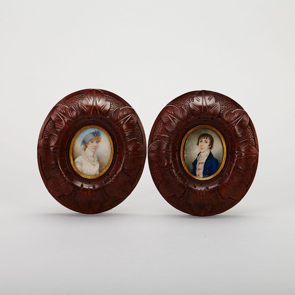 Pair of English Oval Portrait Minitures, early 19th century