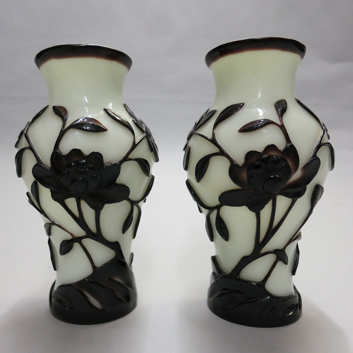 Pair of Black Overlay White Baluster Vases