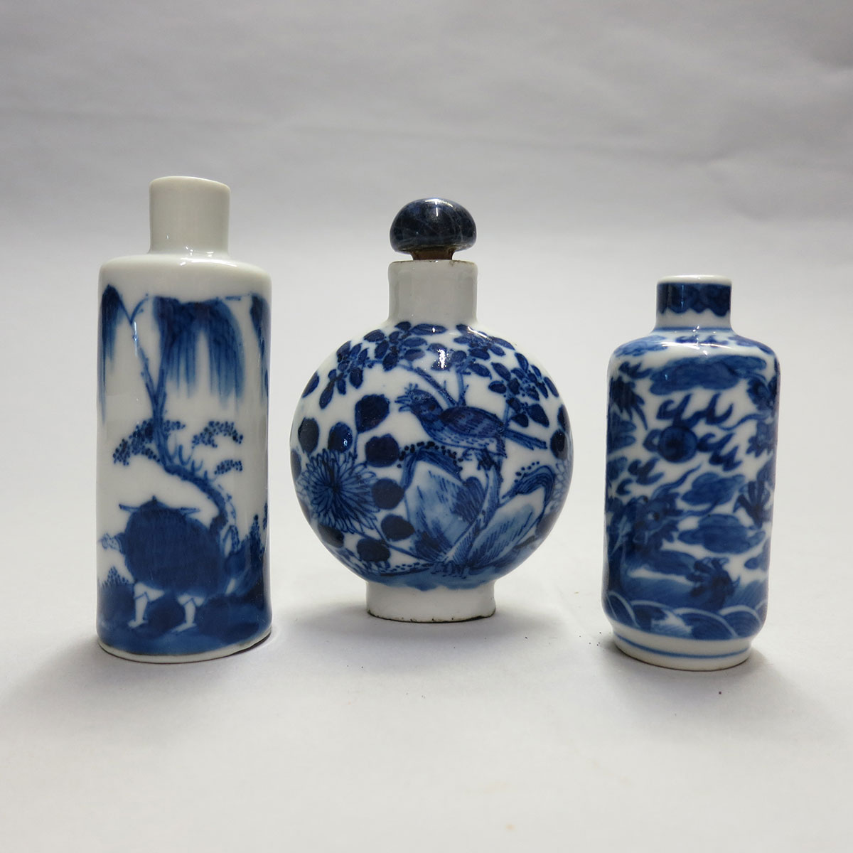 Three Blue and White Snuff Bottles, 19th/20th Century