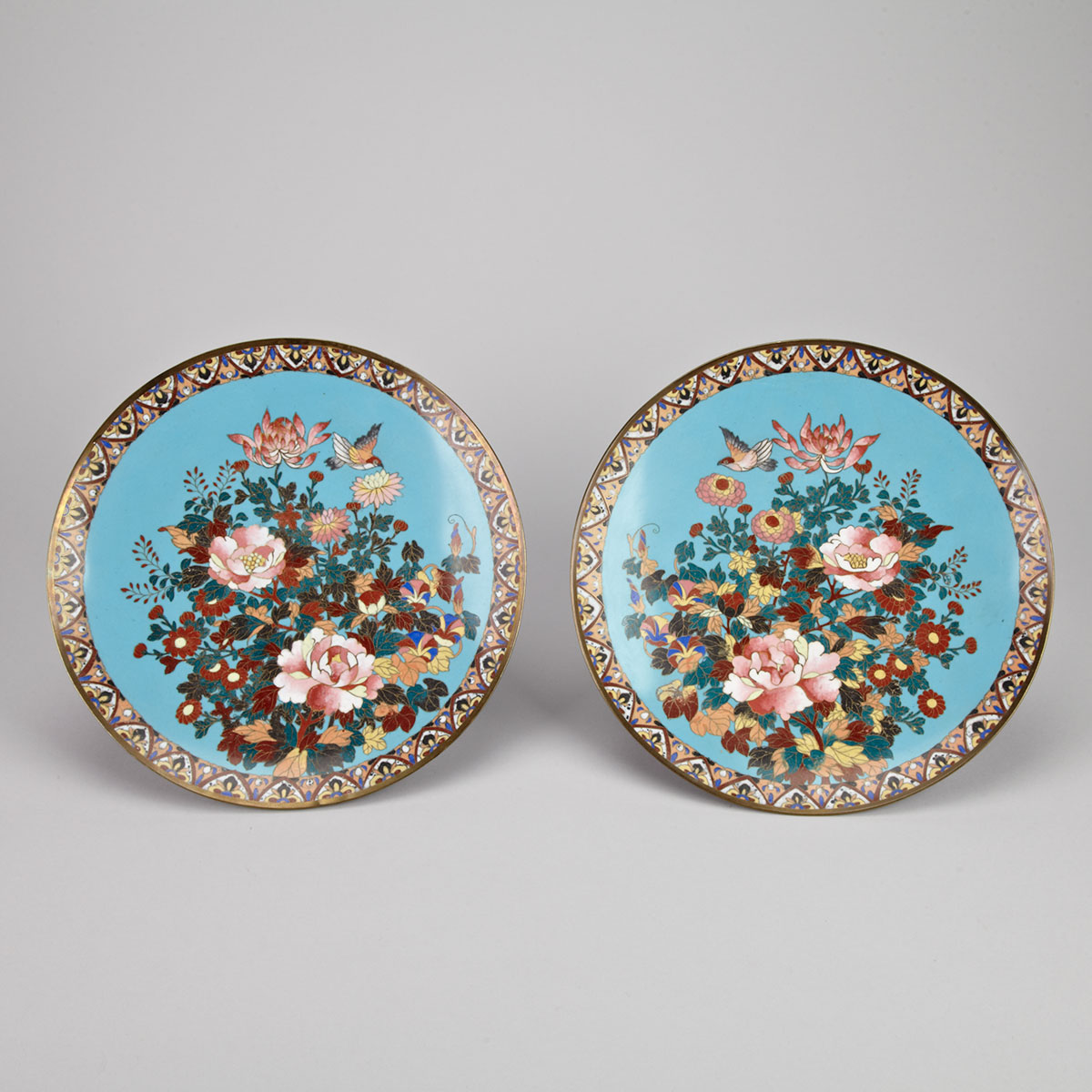 Pair of Cloisonné Enamel Fauna and Floral Plates, Early 20th Century