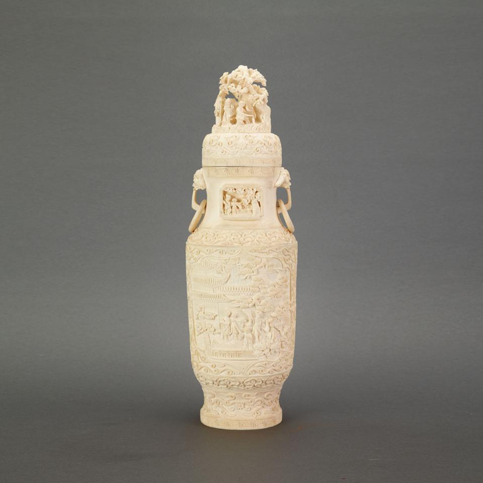 Large Ivory Carved Vase and Cover, Circa 1940