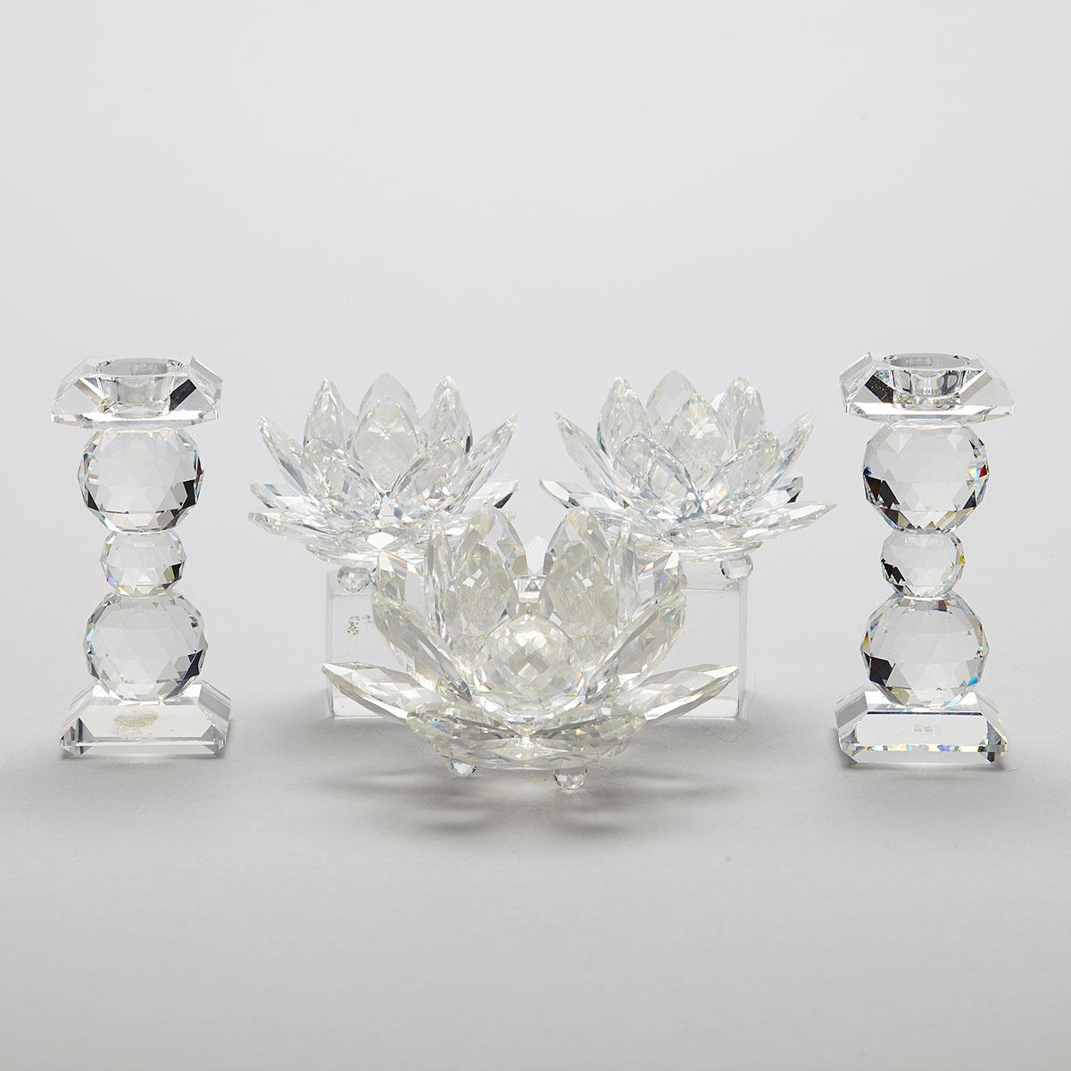 Three Swarovski Crystal Waterlily Candleholders and Pair of Candlesticks, late 20th century