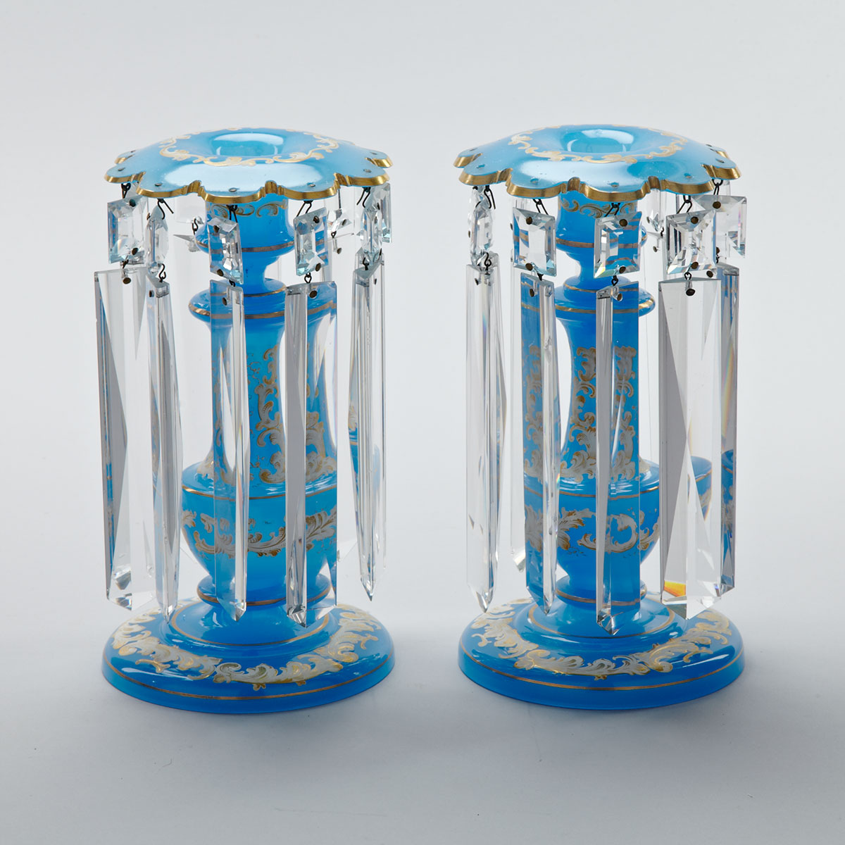 Pair of Bohemian Enameled and Gilt Opaque Blue Glass Lustres, late 19th century