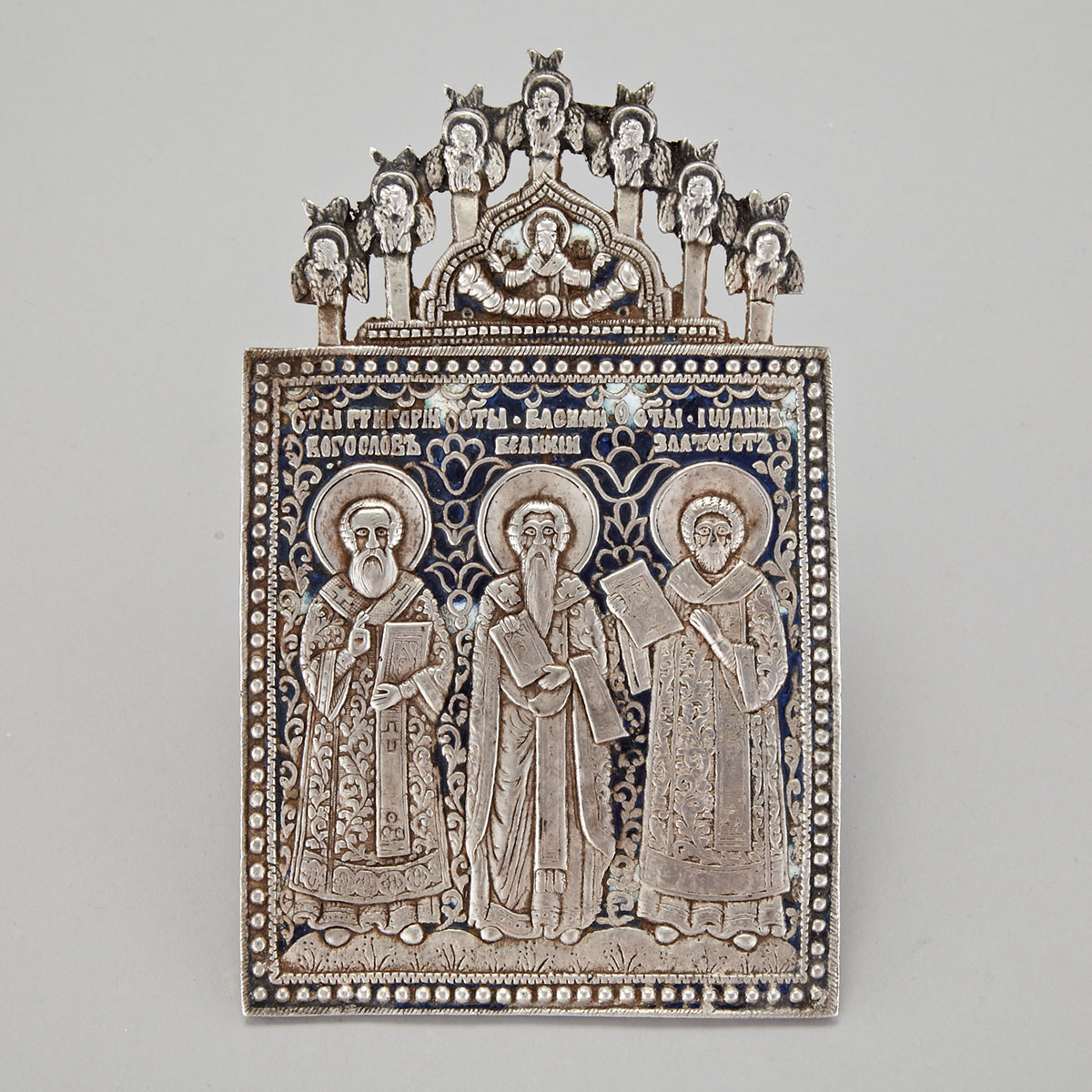 Russian Silvered and Polychrome Enamelled Bronze Icon of Three Saints, 19th century