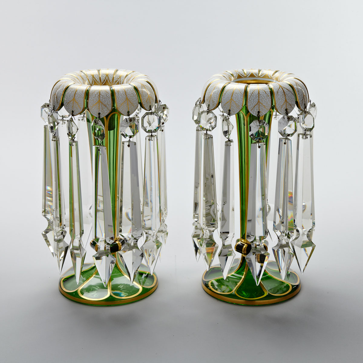 Pair of English Overlaid and Gilt Green Glass Lustres, third quarter of the 19th century