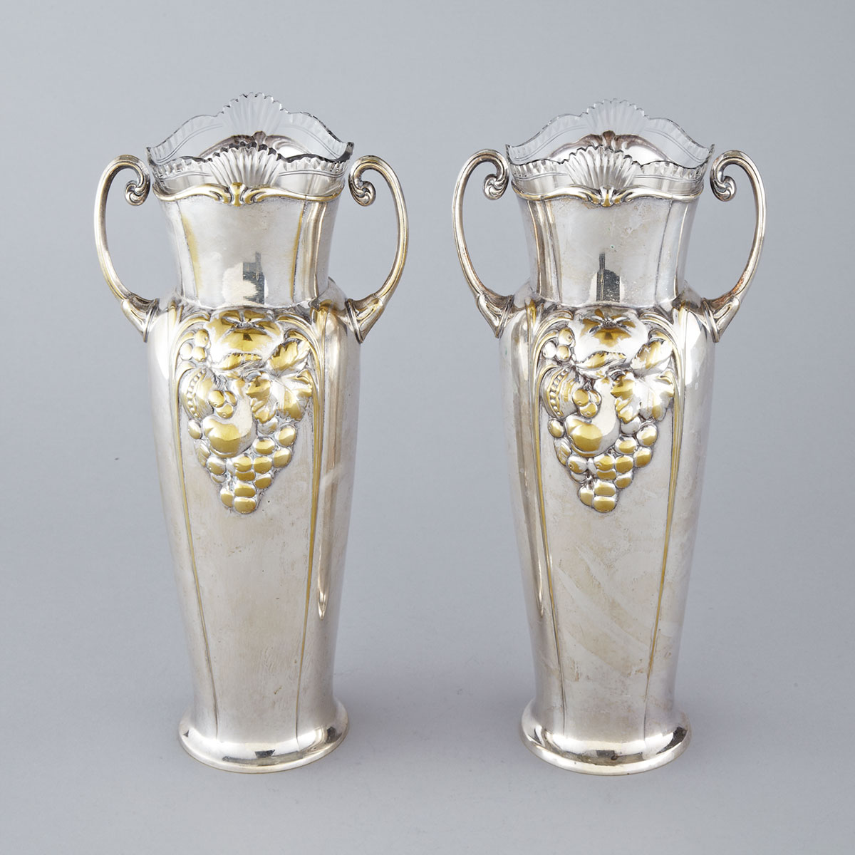 Pair of WMF Silver Plate and Cut Glass Vases, c.1900