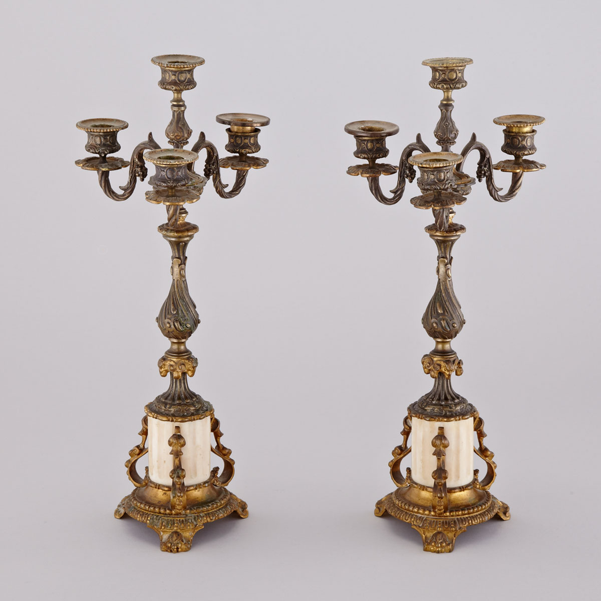 Pair of Marble Mounted Gilt Bronze Five Light Candelabra, 19th century