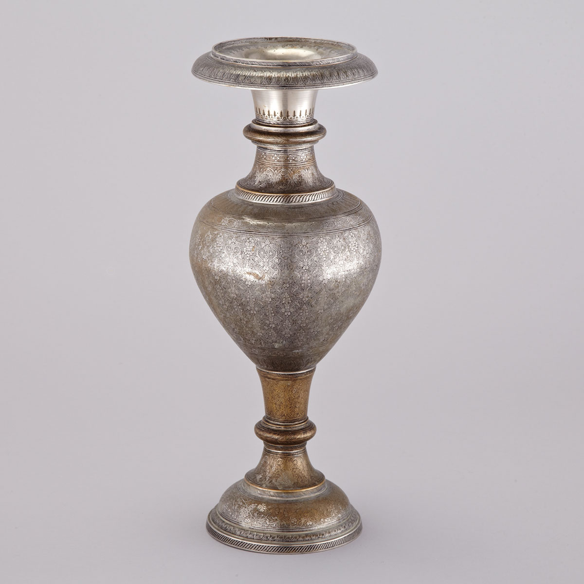 Large Indian Turned, Tinned and Chased Brass Vase, Moradabad, 19th Century