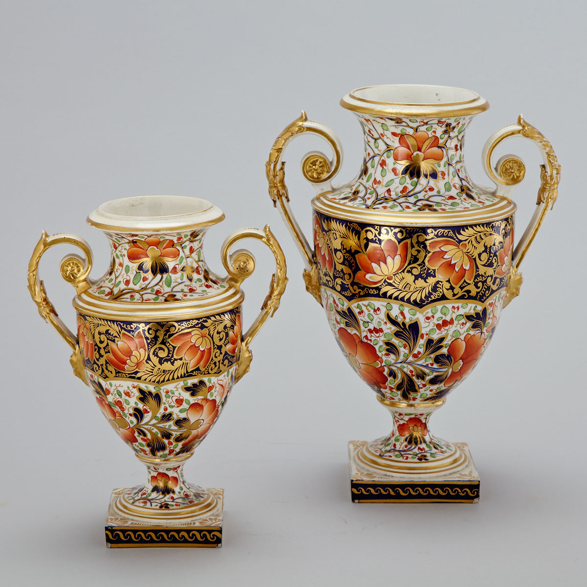 Two Derby Imari Patterned Two-Handled Vases, c.1820