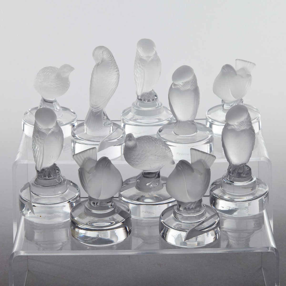 Ten Lalique Moulded and Partly Frosted Glass Bird Place-Card Holders, post-1945