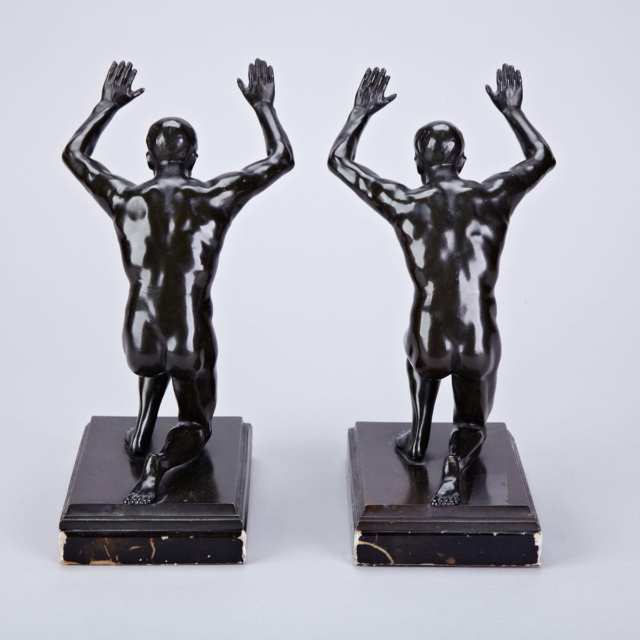 Pair of Patinated Metal Male Nude Figural Bookends, c.1930