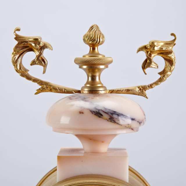 French Ormolu Mounted Pink Marble Clock Garniture, early 20th century
