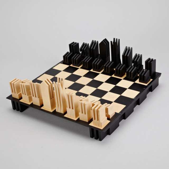 Contemporary Abstract Folding Wood Chess Set, Anne Hornef, late 20th century