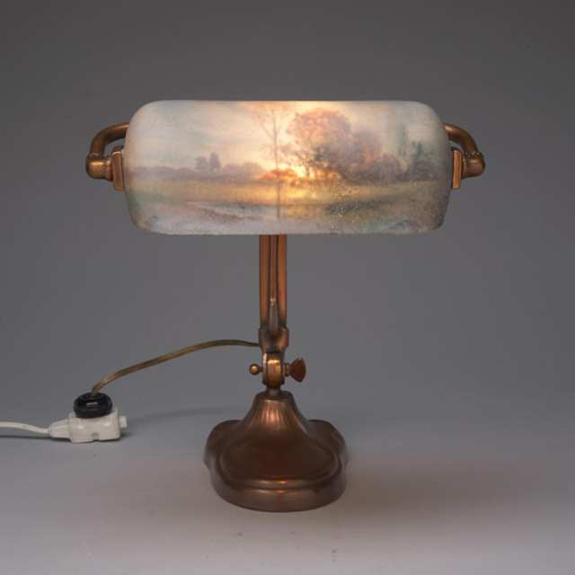Handel Reverse Painted Glass and Coppered Metal Piano Lamp, early 20th century