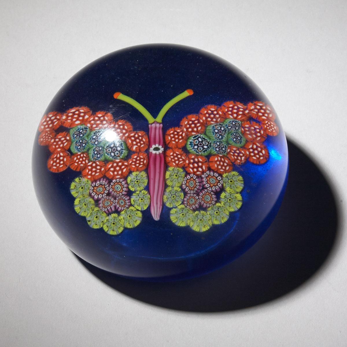 Blue-Ground Millefiori Butterfly Glass Paperweight, possibly Ysart, 20th century