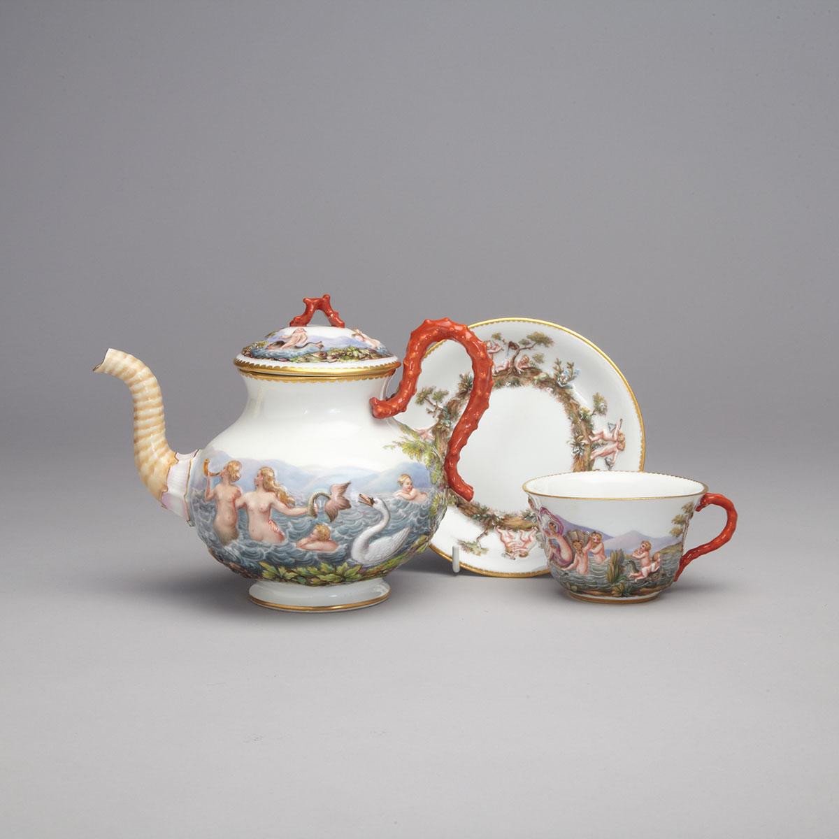 German Porcelain Capodimonte Style Teapot, Cup and Saucer, c.1900
