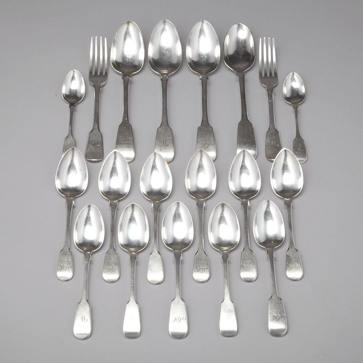Group of Georgian and Victorian Silver Fiddle Pattern Flatware, 19th century