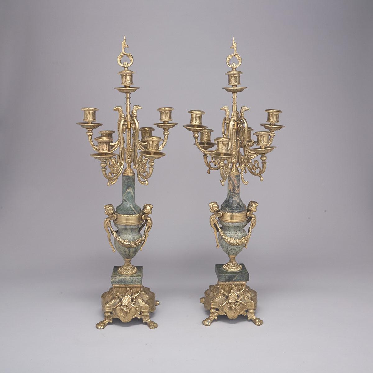Pair of French Verde Antico Marble Mounted Bronze Seven Light Candelabra, mid 20th century
