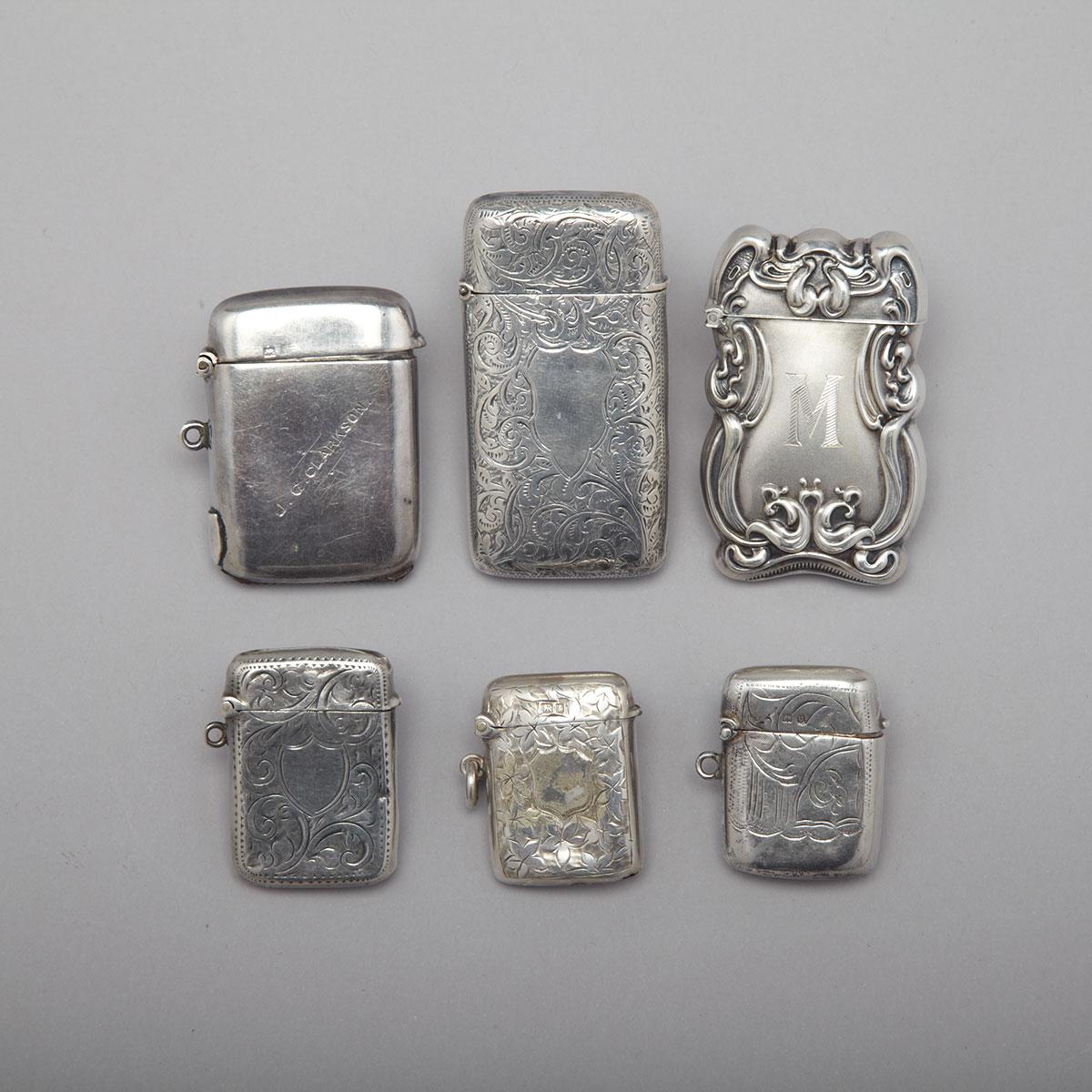 Group of Six Various Silver Vesta Cases, c.1890-1920