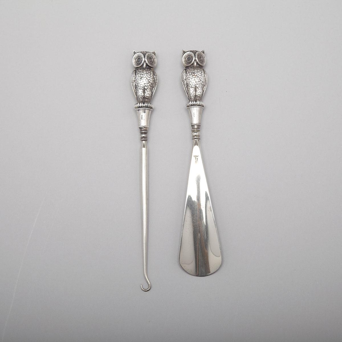 English Silver Owl Handled Shoe Horn and Button Hook, Crisford & Norris. Birmingham, 1910