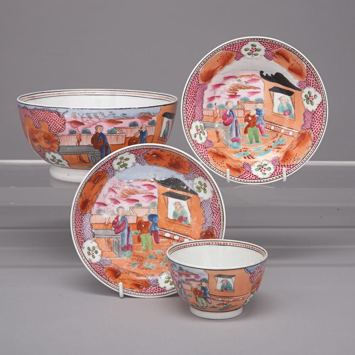 Newhall ‘Boy in the Window’ Pattern’ Slop Bowl, Tea Bowl and Two Saucers, c.1800