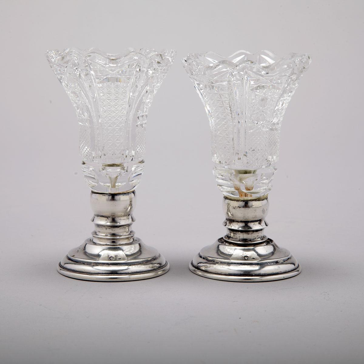 Pair of Austro-Hungarian Silver Mounted Cut Glass Small Vases, early 20th century