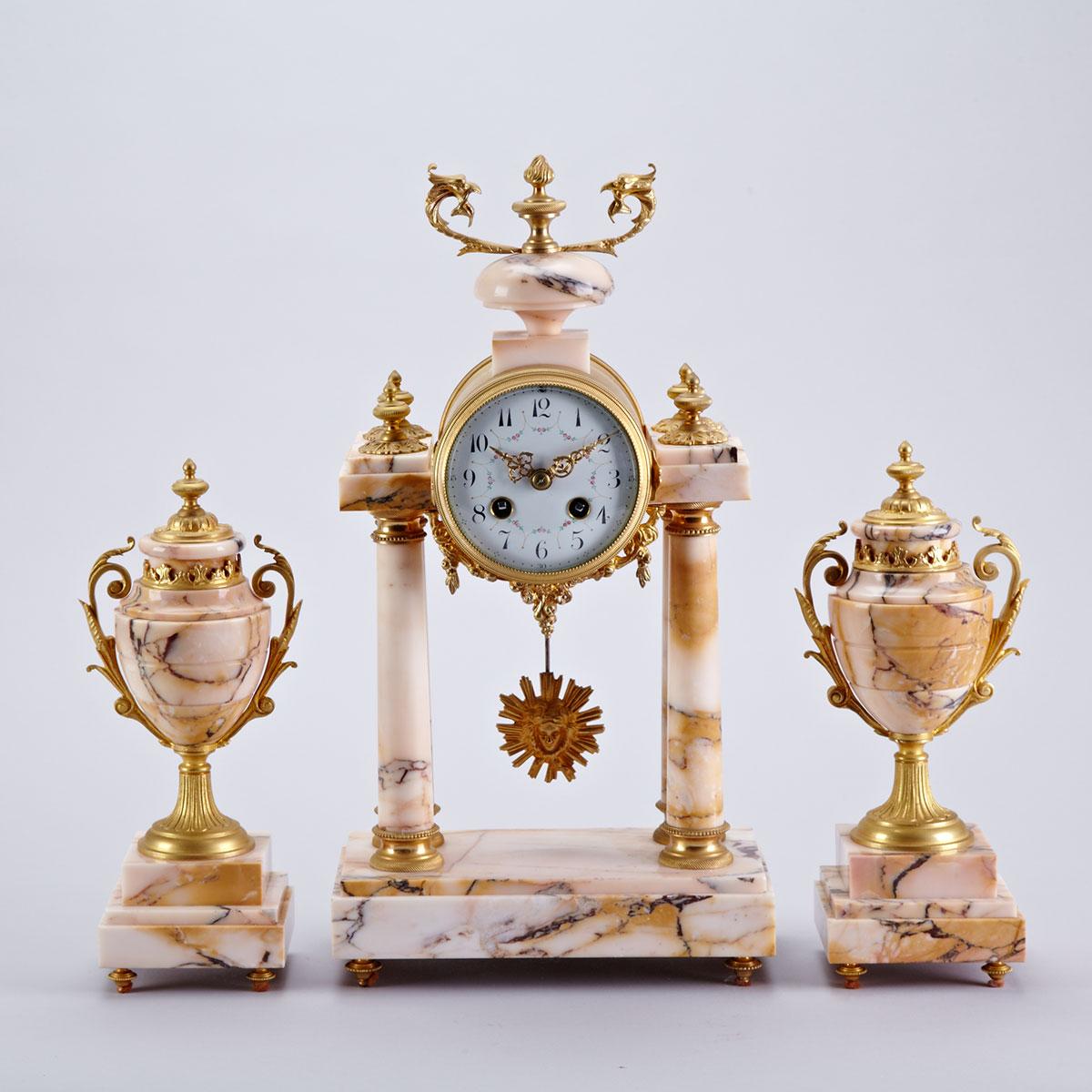 French Ormolu Mounted Pink Marble Clock Garniture, early 20th century