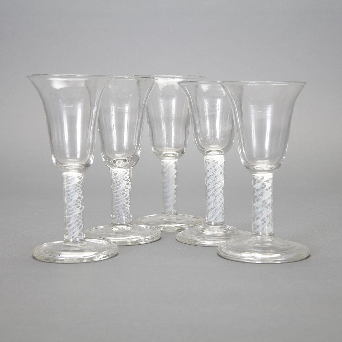 Five Continental Opaque Twist Stemmed Glass Wines, 20th century