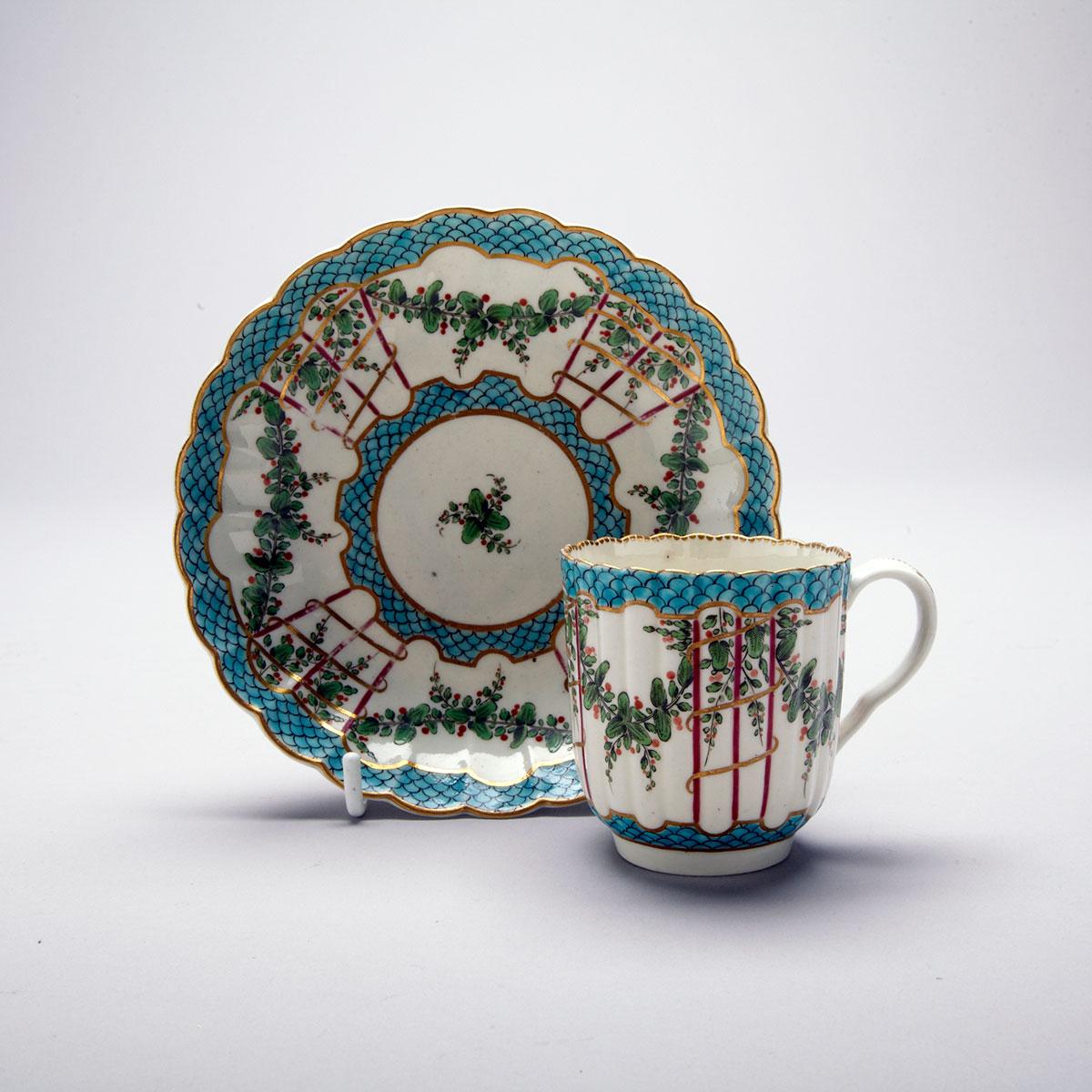 Worcester ‘Hop Trellis’ Pattern Fluted Coffee Cup and Saucer, c.1775