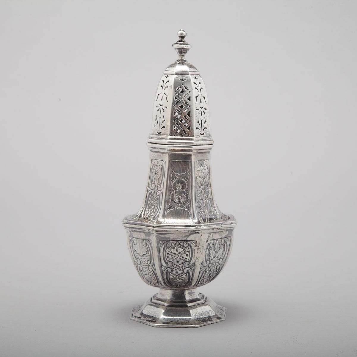 Late Victorian Silver Octagonal Baluster Sugar Caster, Nathan & Hayes, Chester, 1899