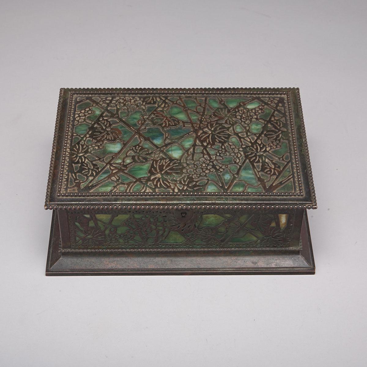Tiffany Studios, New York, Etched Metal and Glass Grapevine Pattern Humidor, c.1919