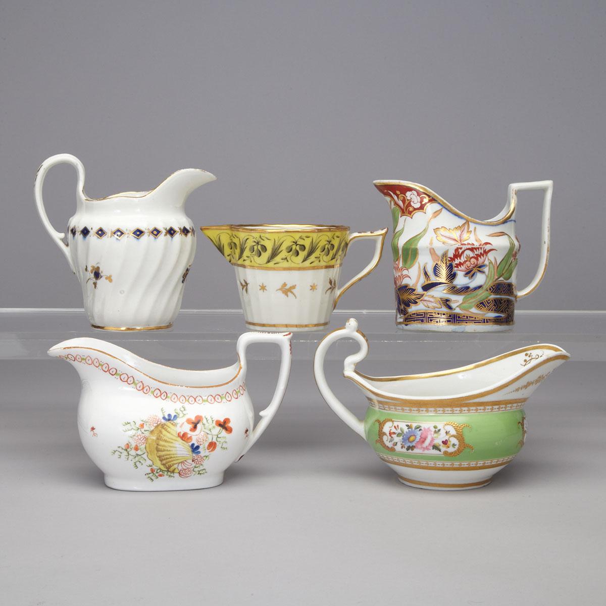 Group of Five English Porcelain Cream Jugs, late 18th/early 19th century