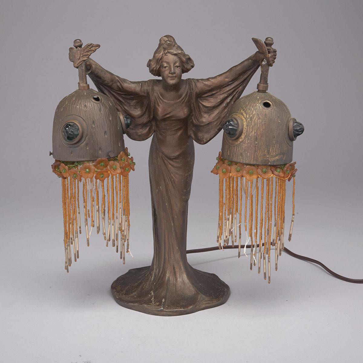 Austrian Gilt Metal Two Light Figural Desk Lamp, c.1900
