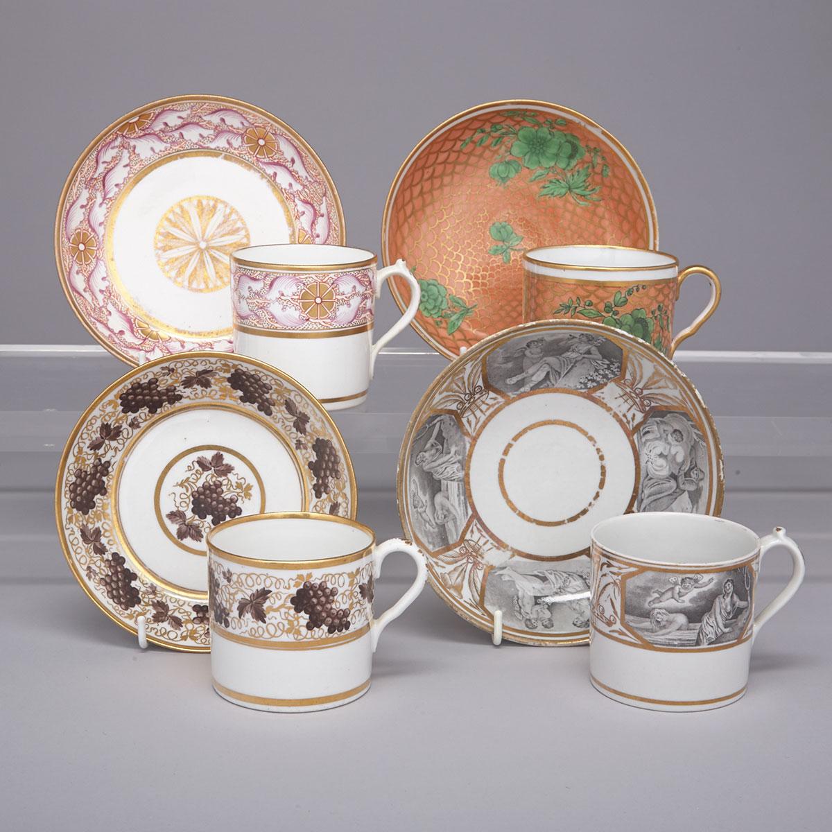 Four Various English Porcelain Coffee Cans and Saucers, c.1800-1810