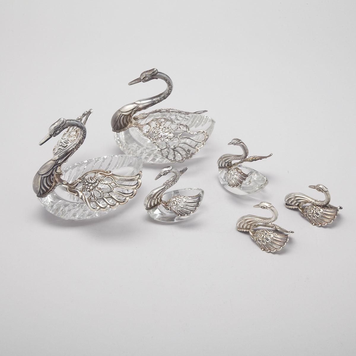 Group of Continental Silver Mounted Cut Glass Swan Salt Cellars, c.1956-73