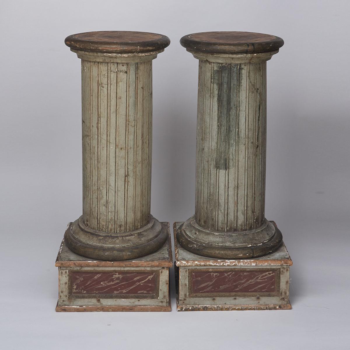 Pair of Italian Painted and Parcel Gilt Wood Column Form Pedestals, 19th century