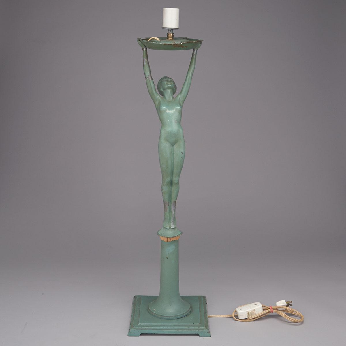 English Art Deco Patinated Metal Figural Table Lamp, c.1925
