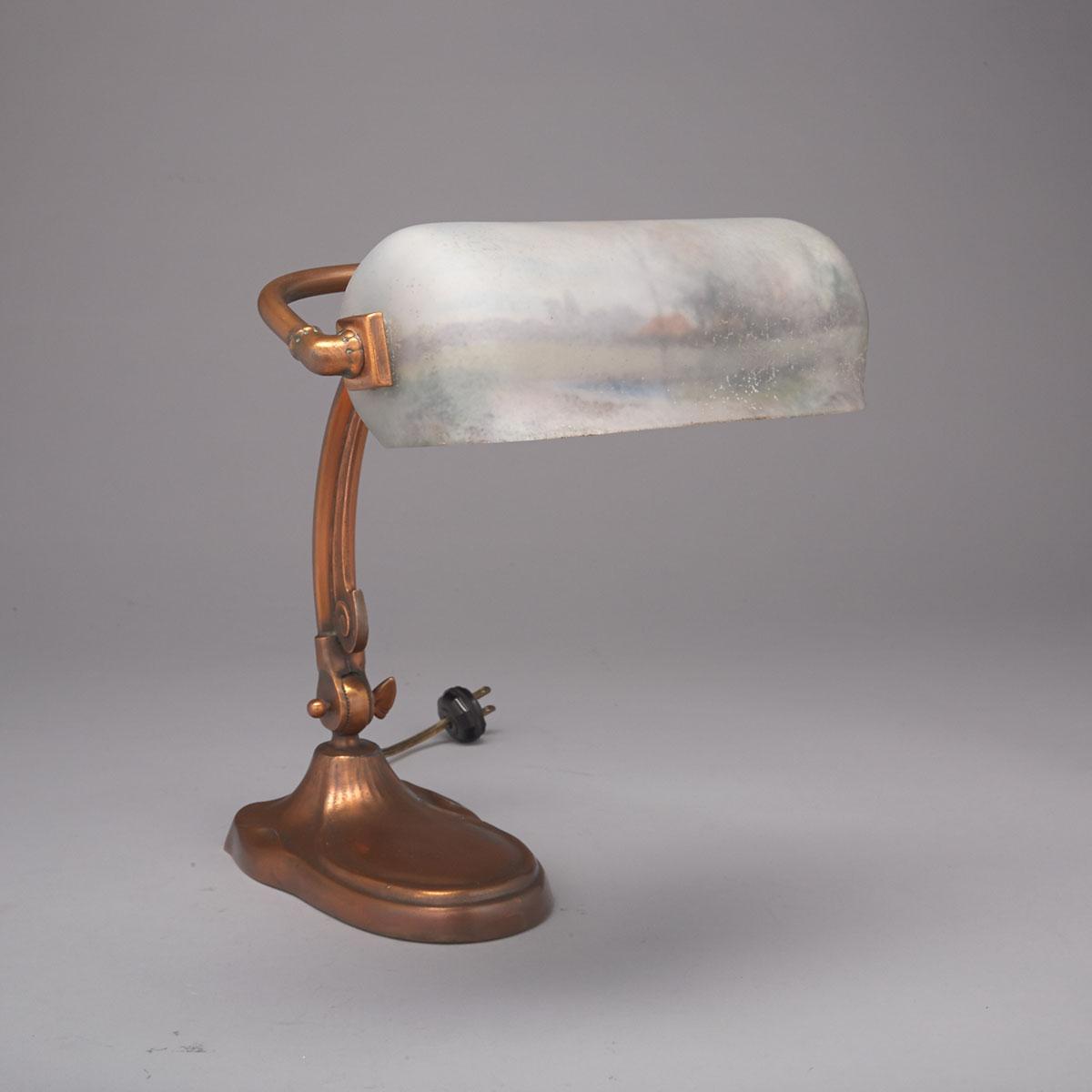 Handel Reverse Painted Glass and Coppered Metal Piano Lamp, early 20th century